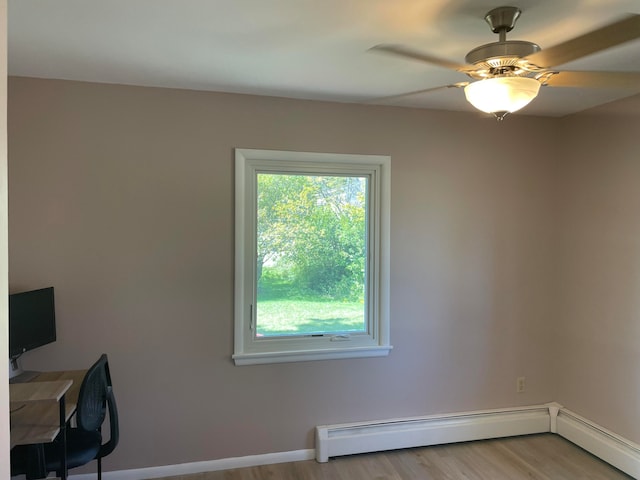 unfurnished office with light hardwood / wood-style floors, a baseboard radiator, and ceiling fan