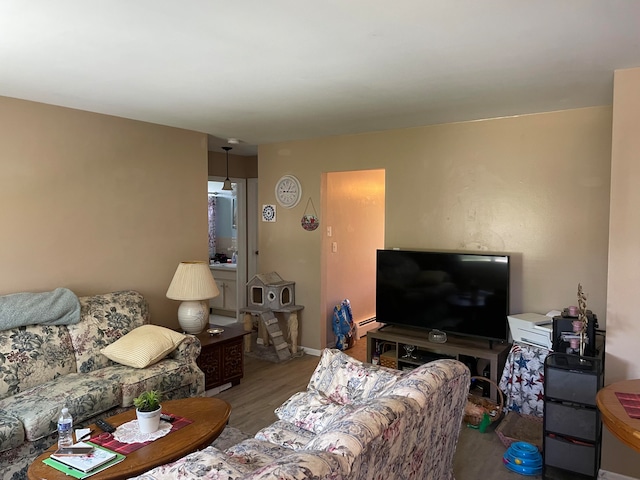 living room with a baseboard heating unit and hardwood / wood-style flooring