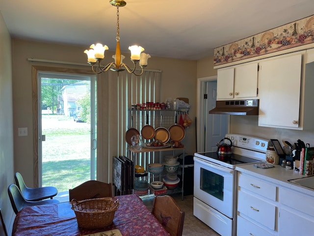 kitchen featuring white cabinetry, a chandelier, tile patterned floors, white electric range, and hanging light fixtures