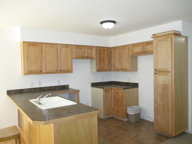 kitchen with sink, kitchen peninsula, and dark tile patterned flooring