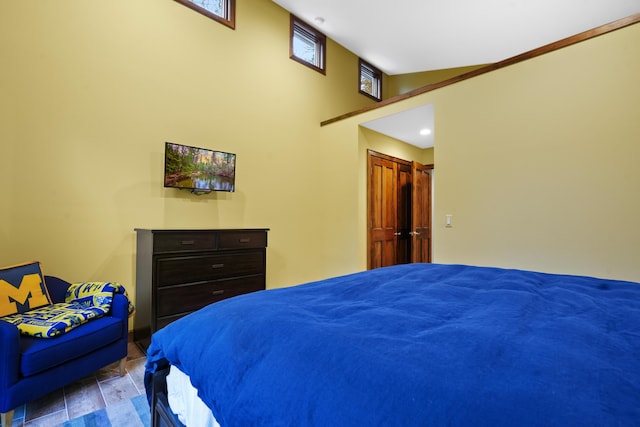 bedroom with multiple windows, lofted ceiling, and a closet