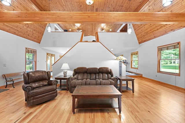 living room with light hardwood / wood-style flooring, vaulted ceiling with beams, and wooden ceiling