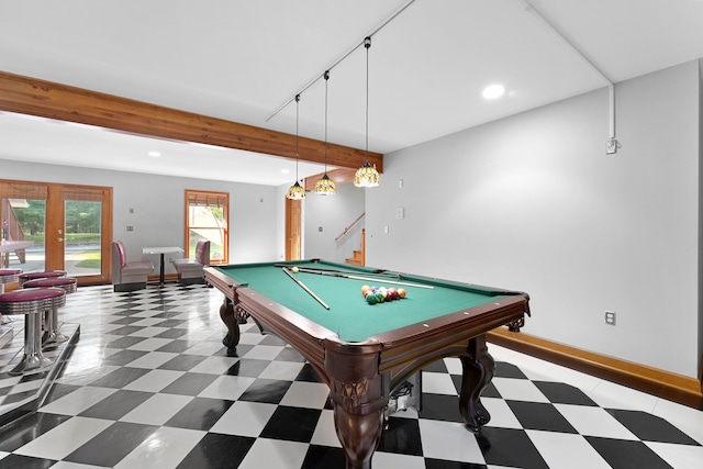 recreation room featuring beam ceiling, pool table, and dark tile patterned floors