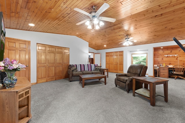 carpeted living room featuring wood ceiling, ceiling fan, and vaulted ceiling