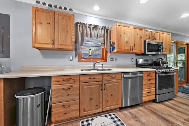 kitchen with sink, light wood-type flooring, and appliances with stainless steel finishes