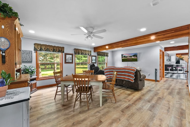 dining space with light hardwood / wood-style floors, ceiling fan, and beamed ceiling