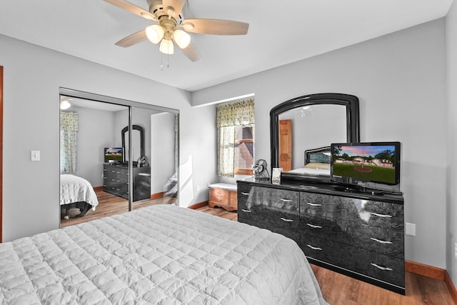 bedroom featuring ceiling fan, a closet, and hardwood / wood-style floors