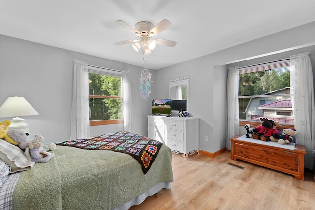 bedroom featuring ceiling fan and light wood-type flooring