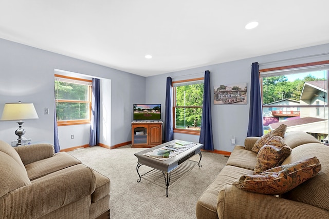 living room featuring light carpet