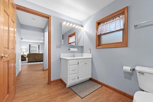 bathroom with toilet, vanity, and wood-type flooring