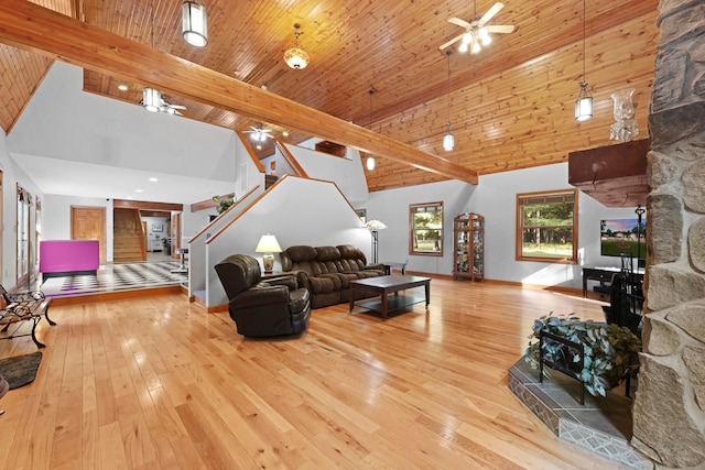 living room with ceiling fan, wood ceiling, high vaulted ceiling, beam ceiling, and light hardwood / wood-style floors