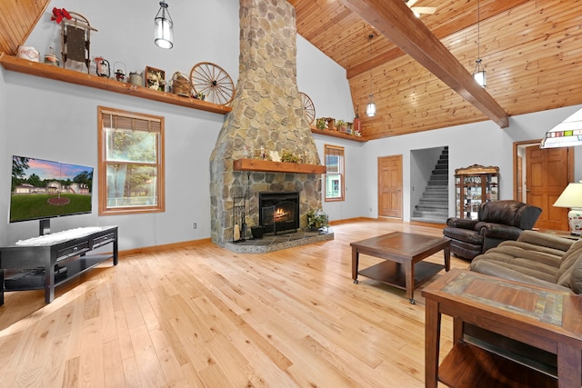 living room featuring light hardwood / wood-style flooring, high vaulted ceiling, beam ceiling, wooden ceiling, and a fireplace