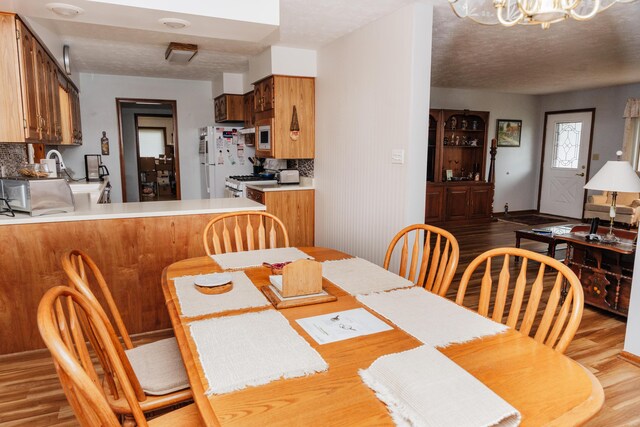 dining area with a textured ceiling, an inviting chandelier, and light wood-type flooring