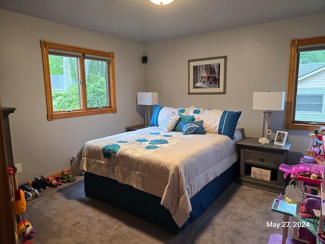 carpeted bedroom with multiple windows