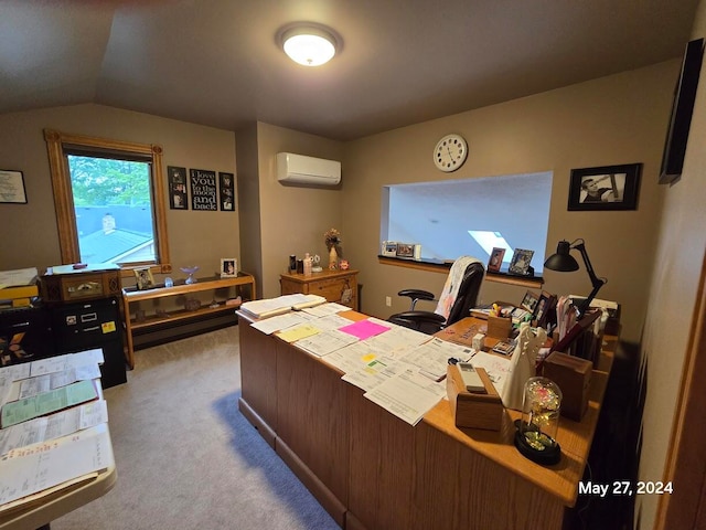 carpeted office space with lofted ceiling and a wall mounted AC