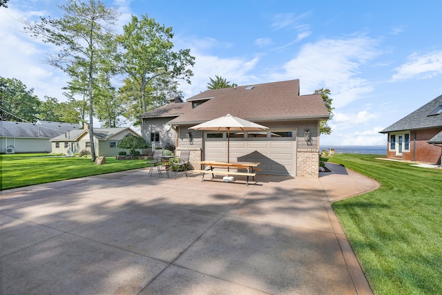 view of patio featuring a garage