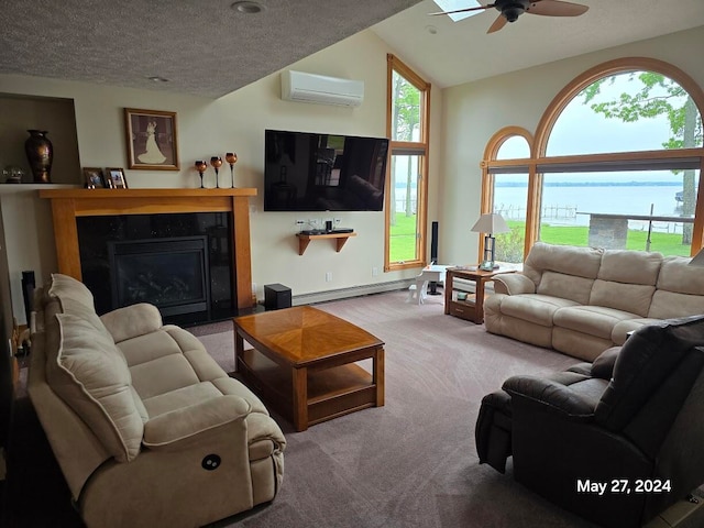 living room with ceiling fan, a baseboard radiator, carpet, and a wall mounted air conditioner