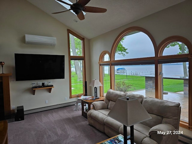 living room featuring ceiling fan, a baseboard heating unit, a wall mounted air conditioner, and a water view