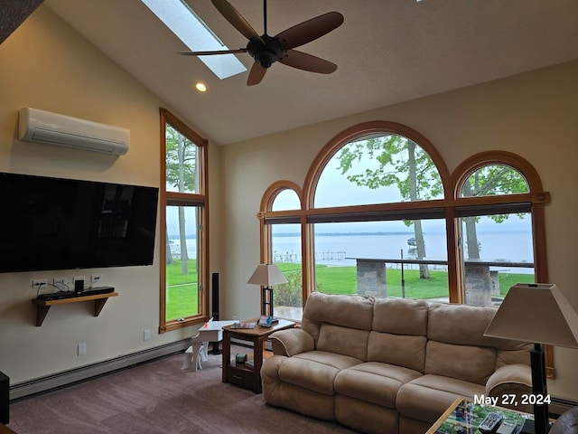 living room featuring a skylight, a baseboard heating unit, a water view, carpet flooring, and a wall unit AC