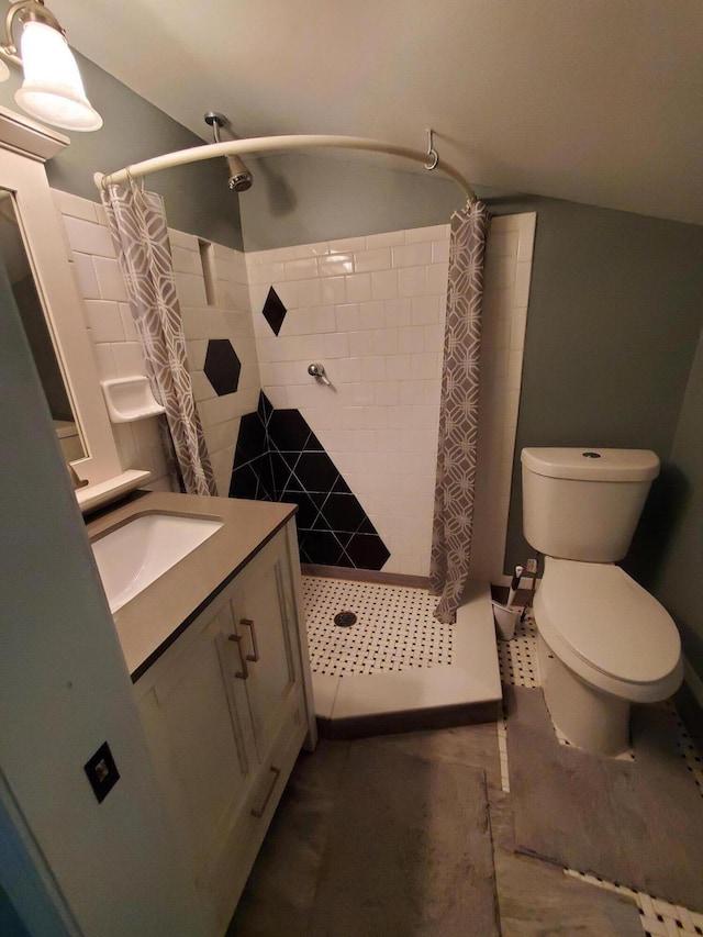 bathroom with toilet, a shower with curtain, tile patterned flooring, and vanity