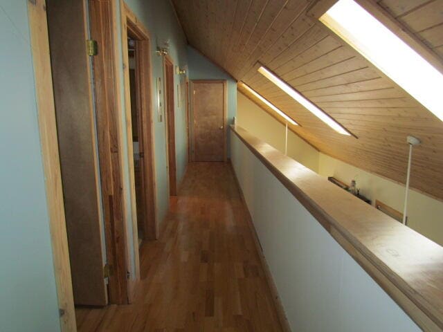 hallway with dark hardwood / wood-style floors, wooden ceiling, and lofted ceiling with skylight