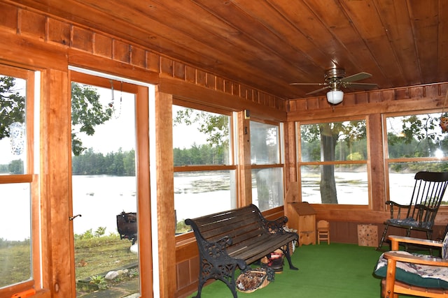 sunroom / solarium featuring ceiling fan, a water view, and wood ceiling