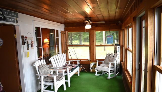 sunroom / solarium with wood ceiling and ceiling fan