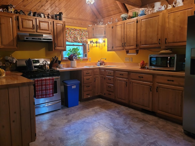 kitchen featuring sink, fridge, gas stove, wood ceiling, and vaulted ceiling