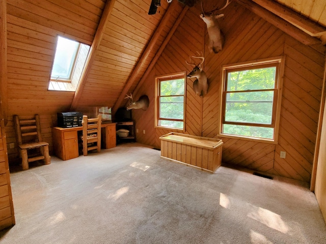 bonus room with carpet, wood ceiling, and wooden walls