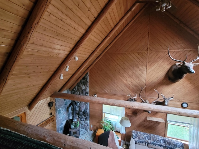 interior details featuring beam ceiling, wood ceiling, and wooden walls