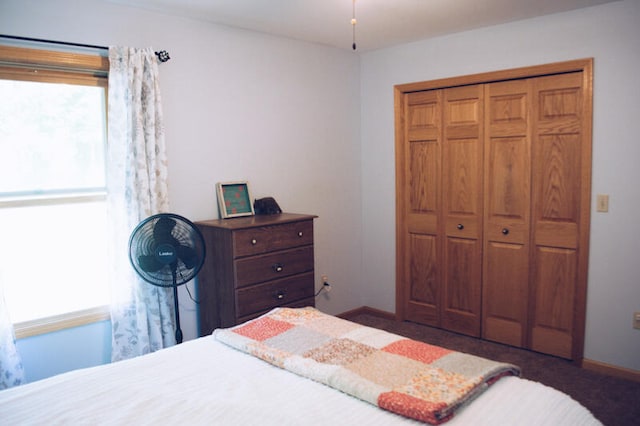 bedroom featuring dark colored carpet and a closet