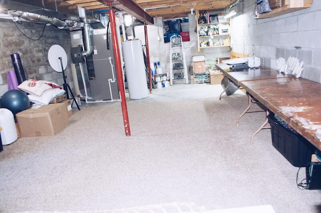 basement with heating unit and water heater