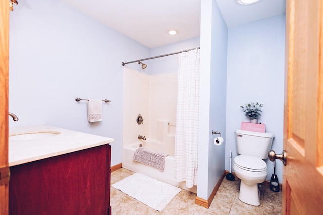 full bathroom with shower / bathtub combination with curtain, tile patterned floors, vanity, and toilet