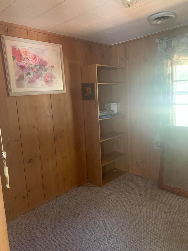 interior space featuring wooden walls and light colored carpet