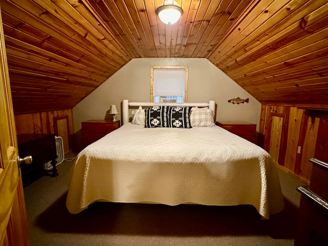 carpeted bedroom featuring wood ceiling, wood walls, and lofted ceiling