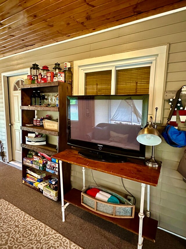 interior space with wood ceiling, carpet, and wooden walls