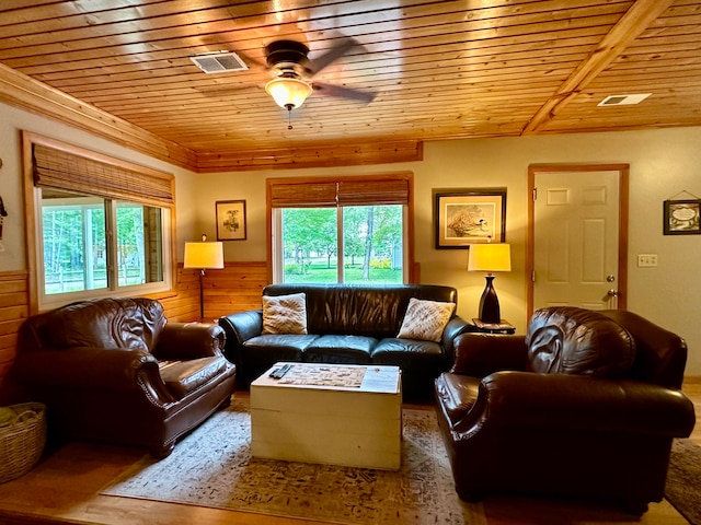 living room with wooden ceiling, hardwood / wood-style floors, ceiling fan, and wooden walls