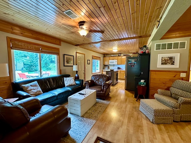 living room with light wood-type flooring, ceiling fan, wood ceiling, and wooden walls