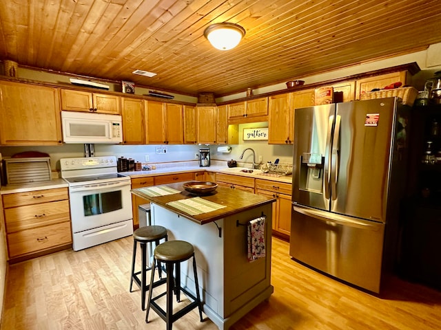 kitchen with a center island, light hardwood / wood-style flooring, white appliances, wood ceiling, and sink