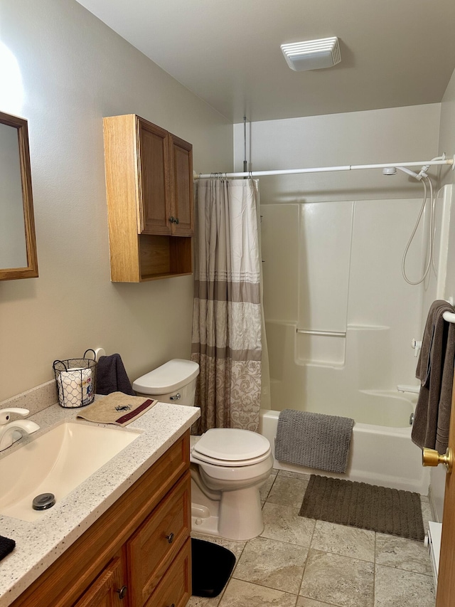 bathroom featuring toilet, shower / bath combination with curtain, and vanity