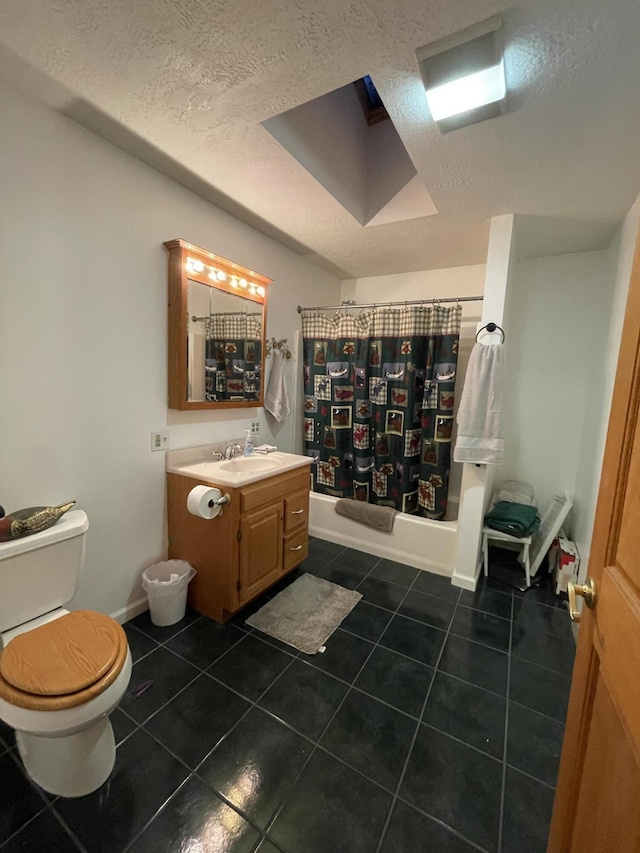 full bathroom featuring vanity, a textured ceiling, shower / bathtub combination with curtain, tile patterned flooring, and toilet