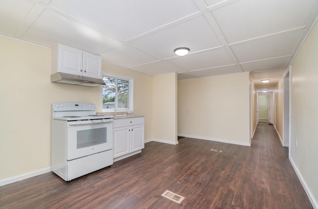 kitchen with dark wood-type flooring, coffered ceiling, white range with electric cooktop, and white cabinetry