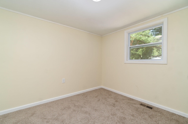 carpeted spare room featuring crown molding