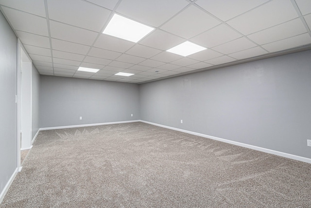 basement with a drop ceiling and carpet flooring