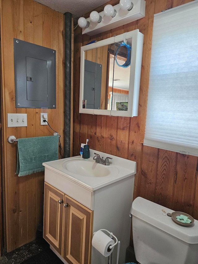 bathroom featuring vanity, toilet, and wooden walls