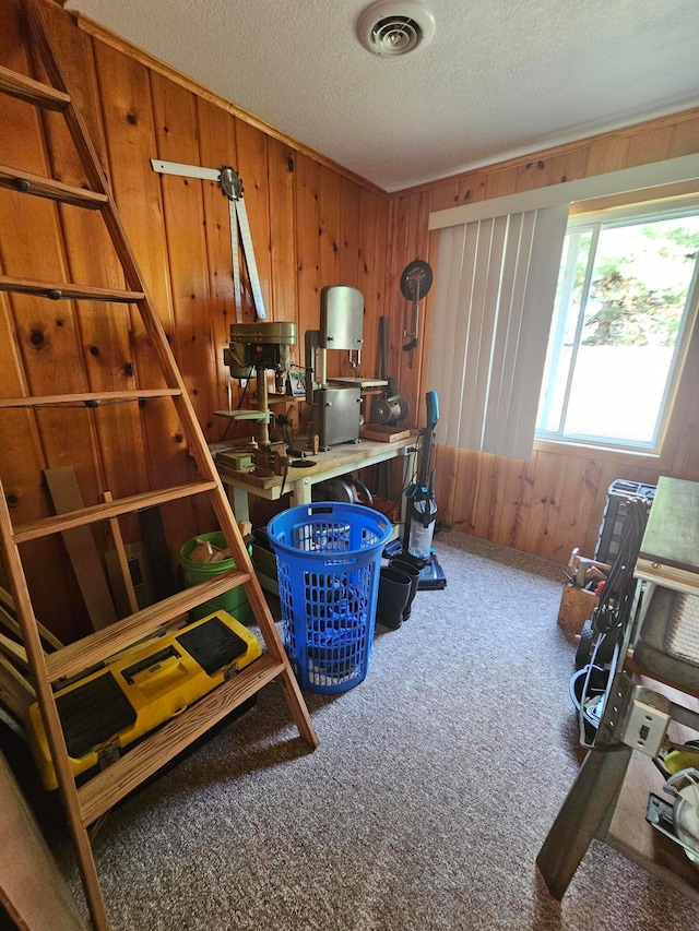 miscellaneous room with a textured ceiling, wooden walls, and carpet floors