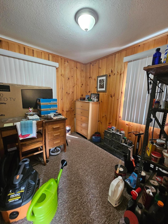 interior space with wood walls and a textured ceiling