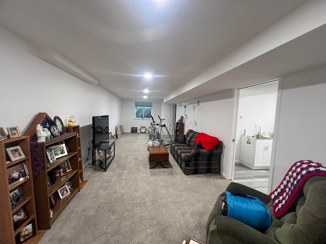 living room featuring sink and carpet floors