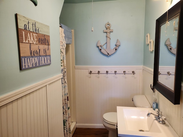 bathroom with a shower with shower curtain, wood-type flooring, toilet, and vanity