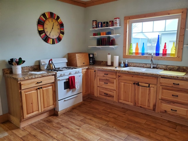 kitchen featuring light hardwood / wood-style flooring, gas range gas stove, and sink